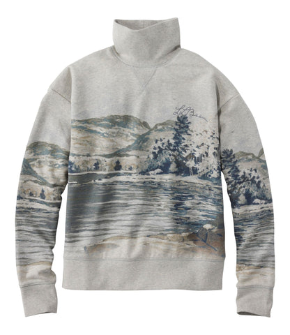 L.L.Bean Women's Signature Camp Sweatshirt, Mockneck Print Light Gray Heather Winter Lake Scenic