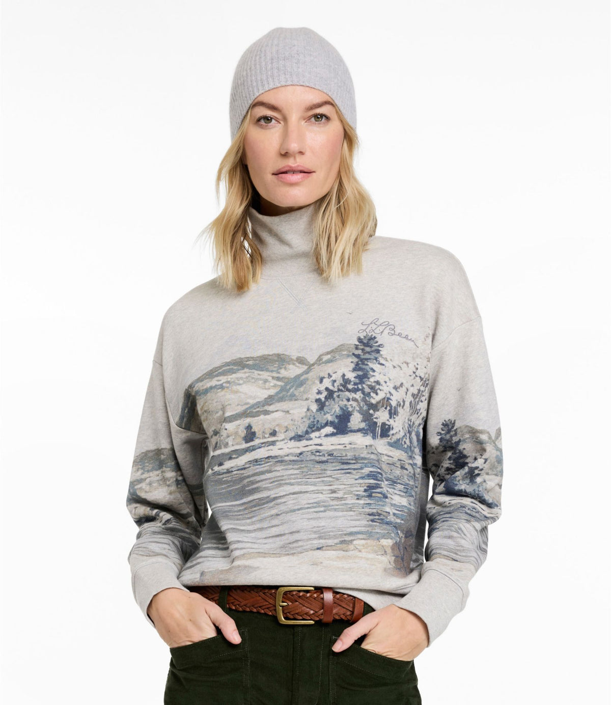 L.L.Bean Women's Signature Camp Sweatshirt, Mockneck Print Light Gray Heather Winter Lake Scenic