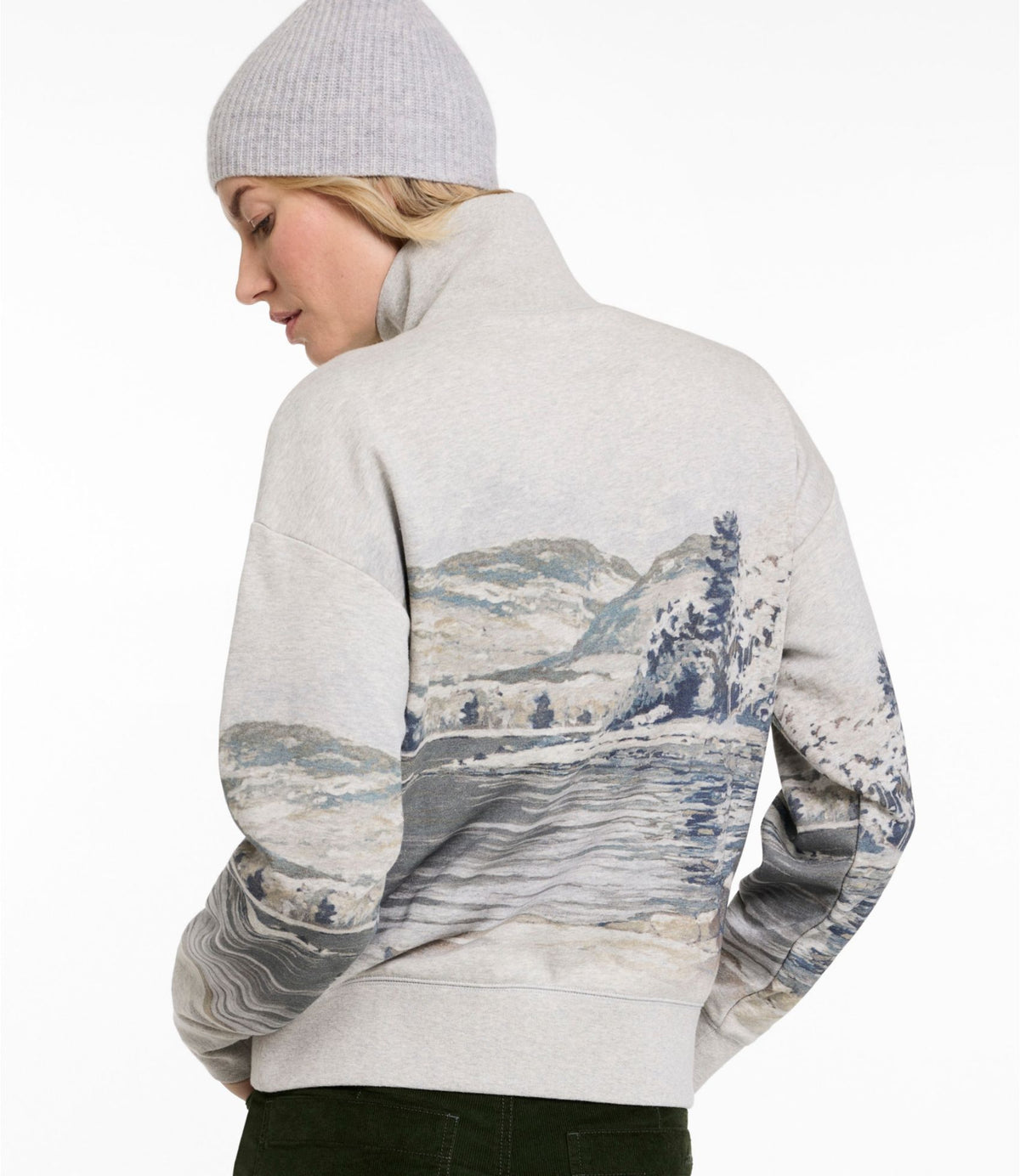 L.L.Bean Women's Signature Camp Sweatshirt, Mockneck Print Light Gray Heather Winter Lake Scenic