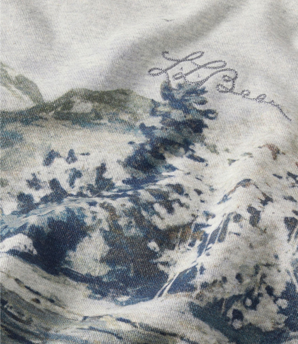 L.L.Bean Women's Signature Camp Sweatshirt, Mockneck Print Light Gray Heather Winter Lake Scenic