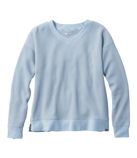 L.L.Bean Women's Birchwood Brushed Waffle Top, V-Neck Foggy Blue