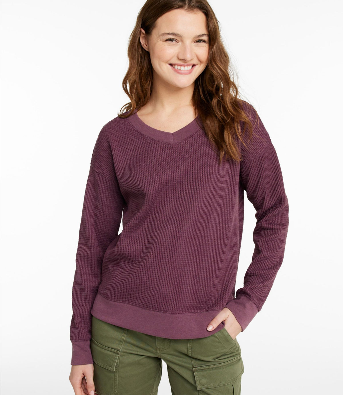 L.L.Bean Women's Birchwood Brushed Waffle Top, V-Neck Foggy Blue