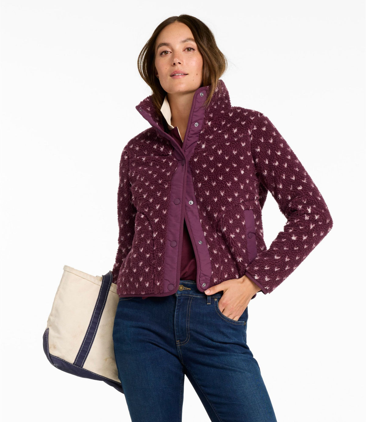 L.L.Bean Women's Bean's Sherpa Fleece Jacket, Print Fig Birdseye