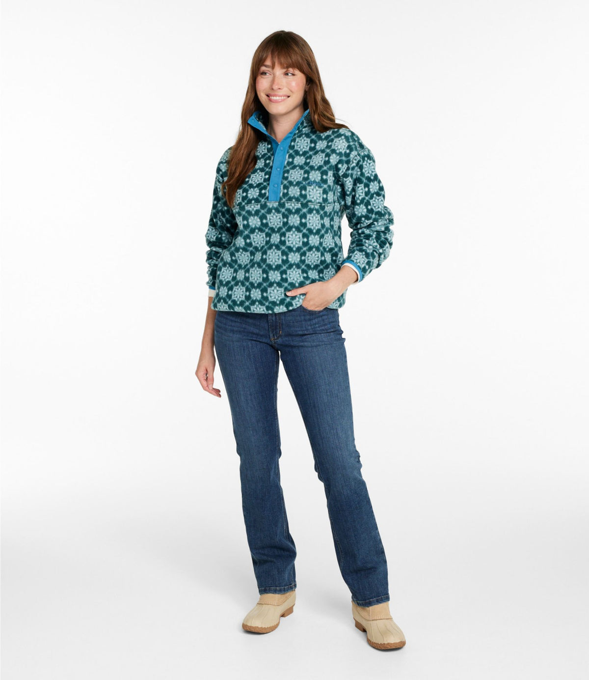 L.L.Bean Adults' Bean's Classic Fleece Pullover, Print Deep Green Snowflake
