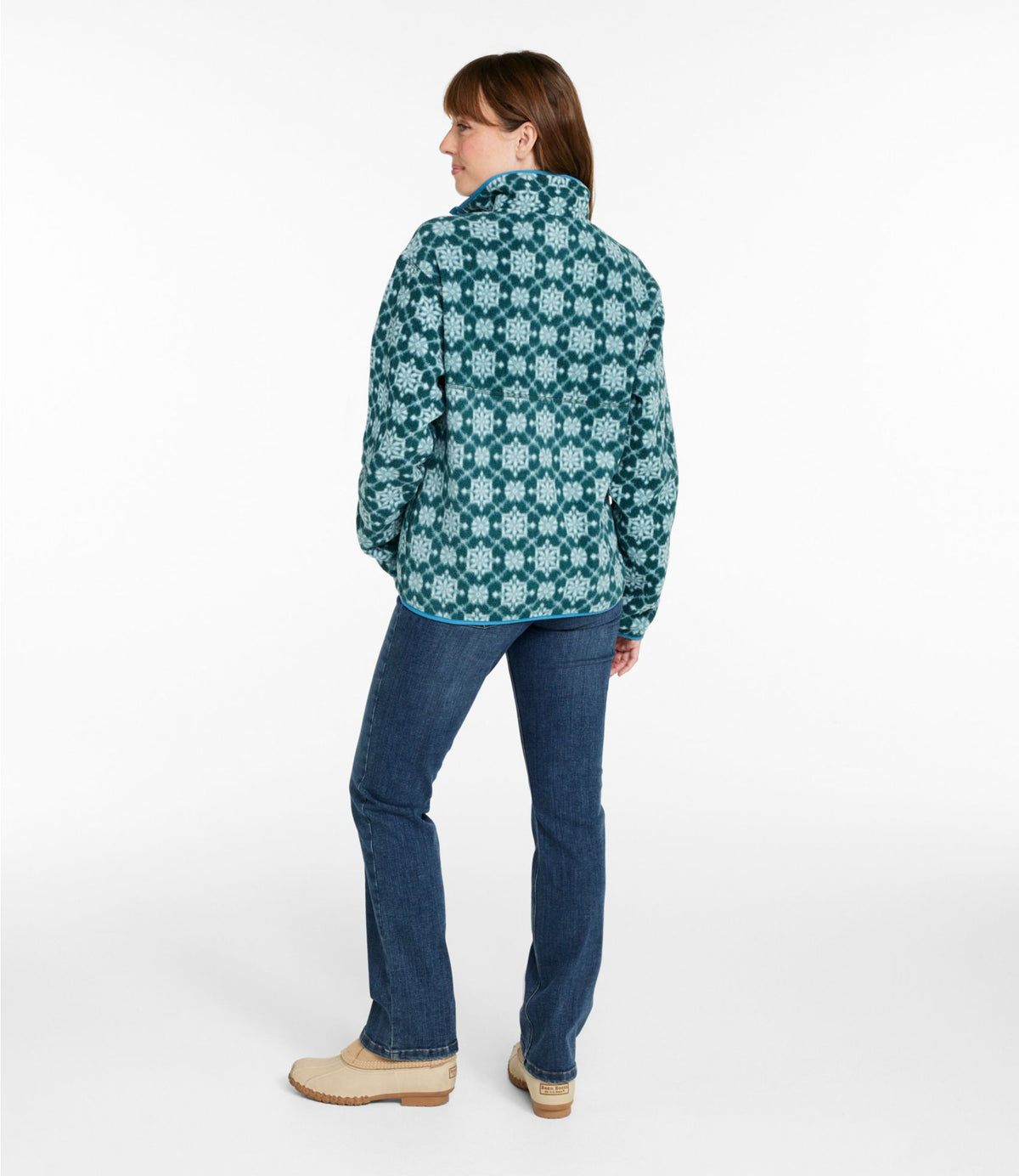 L.L.Bean Adults' Bean's Classic Fleece Pullover, Print Deep Green Snowflake