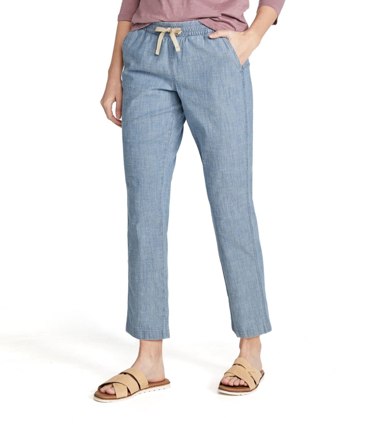 L.L.Bean Women's Lakewashed Pull-On Chinos, Mid-Rise Chambray Ankle Pants Chambray