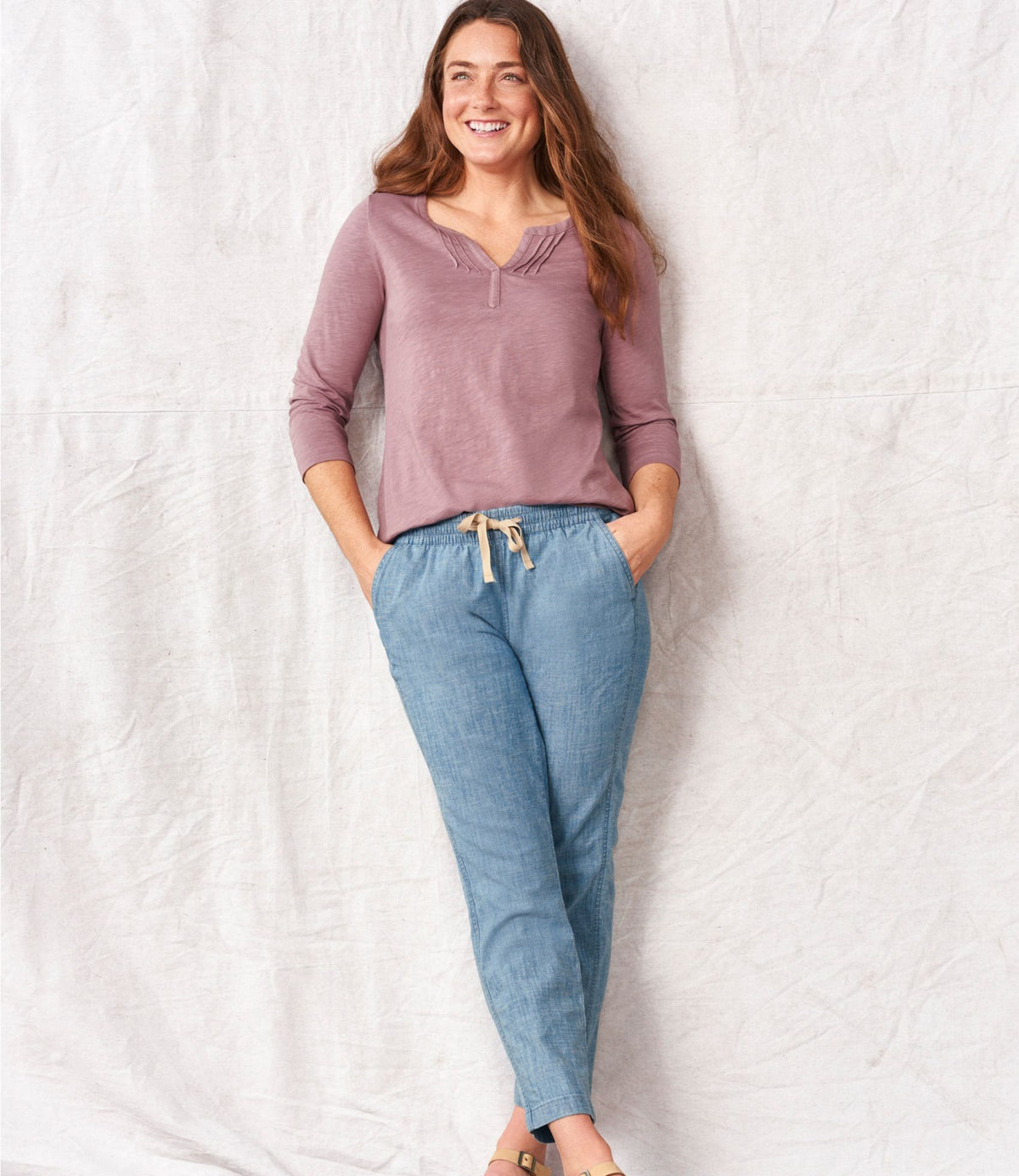 L.L.Bean Women's Lakewashed Pull-On Chinos, Mid-Rise Chambray Ankle Pants Chambray