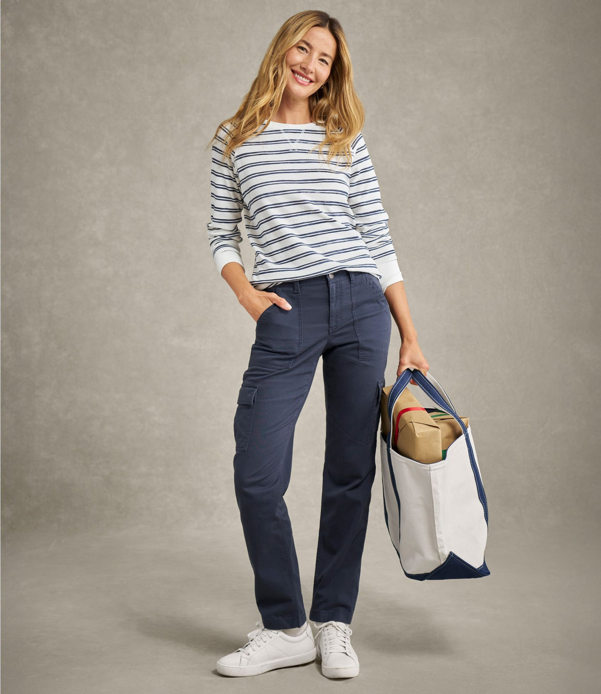 L.L.Bean Women's Comfort Stretch Pants, Mid-Rise Straight-Leg Cargo Classic Navy