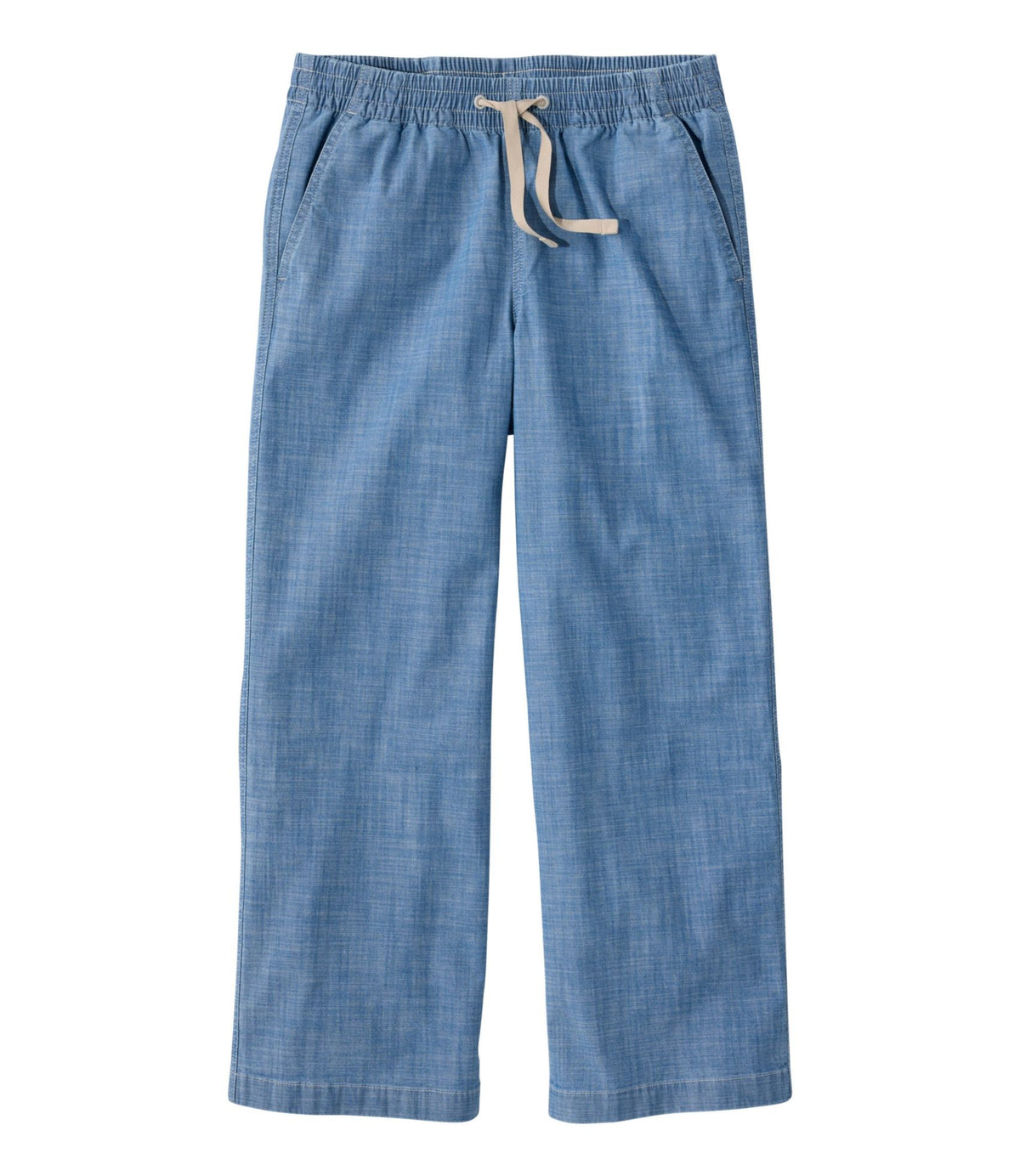 L.L.Bean Women's Lakewashed Pull-On Chinos, Mid-Rise Wide-Leg Crop Chambray Chambray