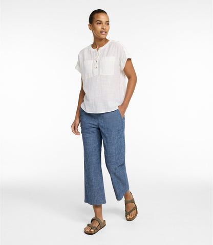 L.L.Bean Women's Lakewashed Pull-On Chinos, Mid-Rise Wide-Leg Crop Chambray Chambray
