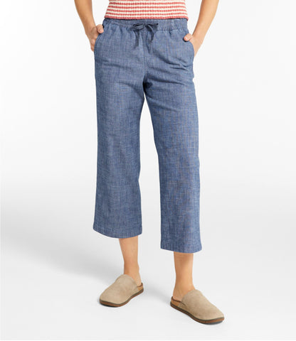 L.L.Bean Women's Lakewashed Pull-On Chinos, Mid-Rise Wide-Leg Crop Chambray Chambray
