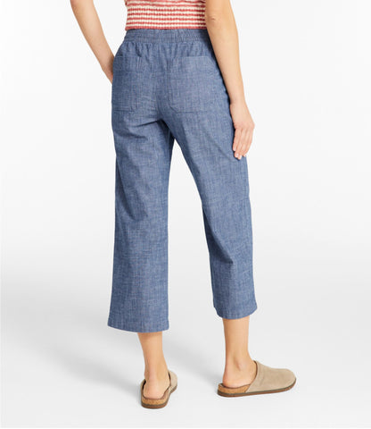 L.L.Bean Women's Lakewashed Pull-On Chinos, Mid-Rise Wide-Leg Crop Chambray Chambray