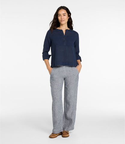 L.L.Bean Women's Premium Washable Linen Pull-On Pants, Stripe Classic Navy