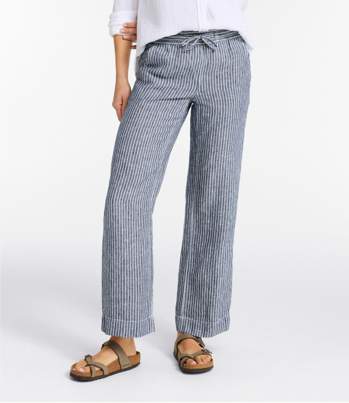 L.L.Bean Women's Premium Washable Linen Pull-On Pants, Stripe Classic Navy