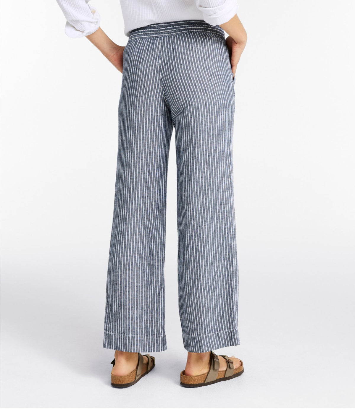 L.L.Bean Women's Premium Washable Linen Pull-On Pants, Stripe Classic Navy