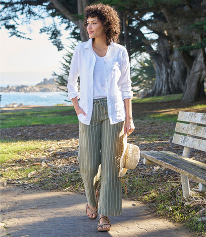 L.L.Bean Women's Premium Washable Linen Pull-On Pants, Stripe Classic Navy