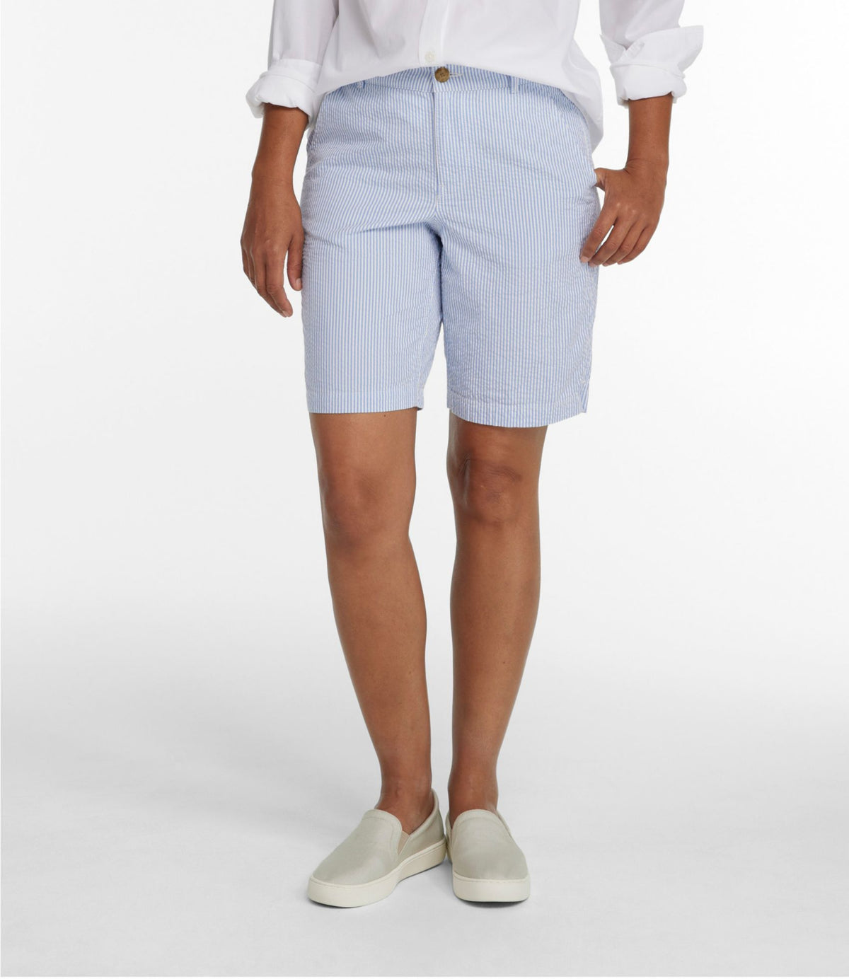 L.L.Bean Women's Comfort Stretch Shorts, Seersucker Bermudas 9" Cirrus Blue Stripe