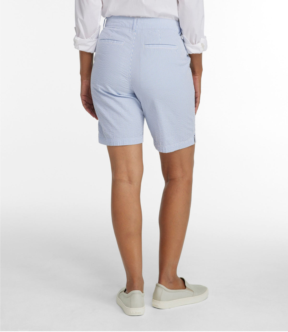 L.L.Bean Women's Comfort Stretch Shorts, Seersucker Bermudas 9" Cirrus Blue Stripe