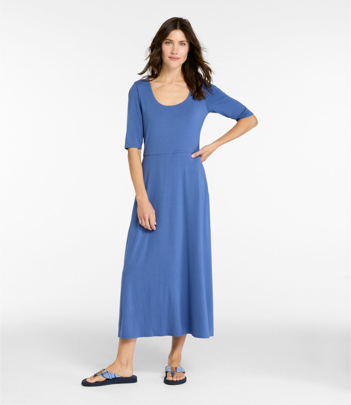 L.L.Bean Women's Summer Knit Dress, Three-Quarter-Sleeve Scoopneck Deep Blue