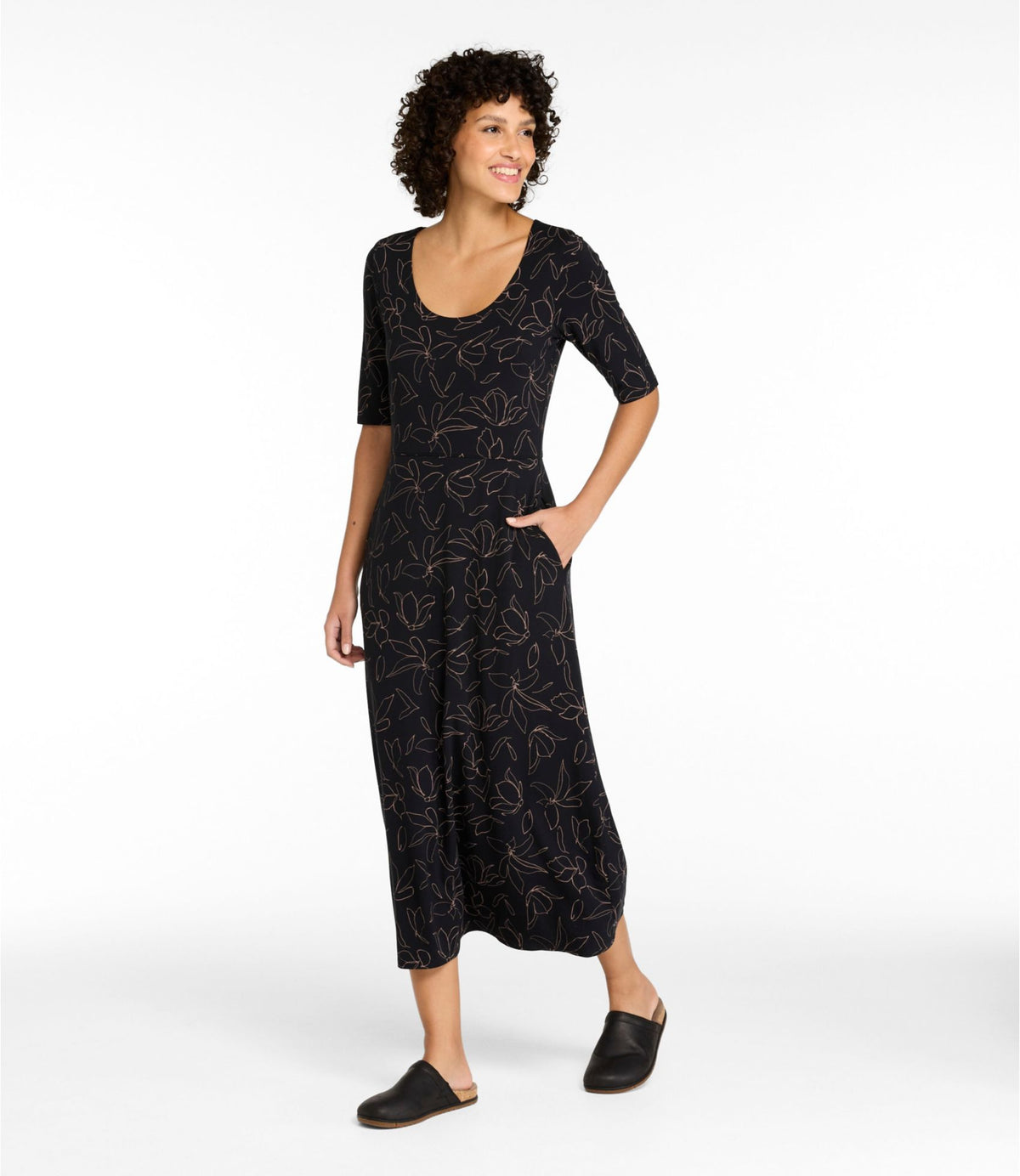L.L.Bean Women's Summer Knit Dress, Three-Quarter-Sleeve Scoopneck Print Seaboard Blue Diamond Dot