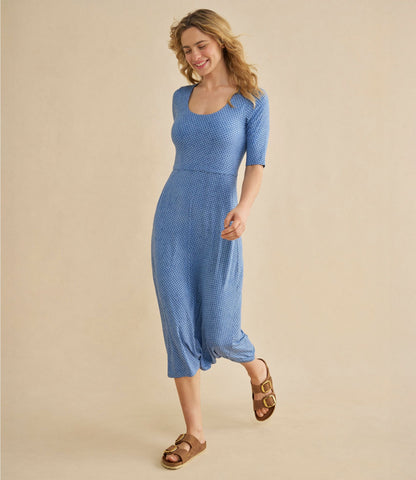 L.L.Bean Women's Summer Knit Dress, Three-Quarter-Sleeve Scoopneck Print Seaboard Blue Diamond Dot