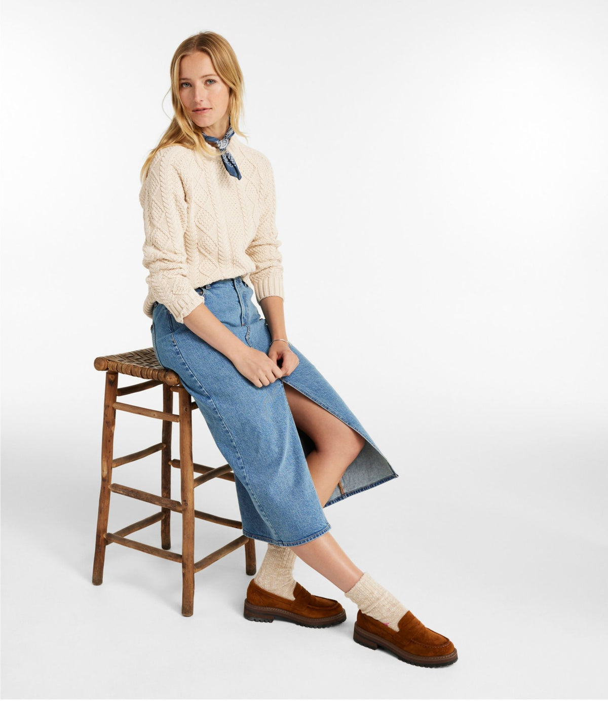 L.L.Bean Women's Signature Heritage Denim Midi Skirt Tumbled Indigo