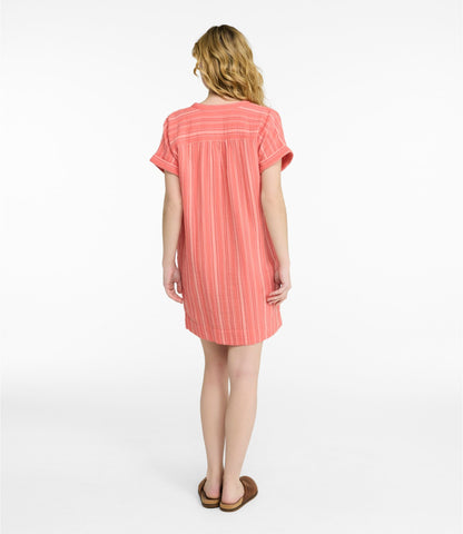 L.L.Bean Women's Cloud Gauze Short-Sleeve Shift Dress, Stripe Dark Salmon Multi Stripe