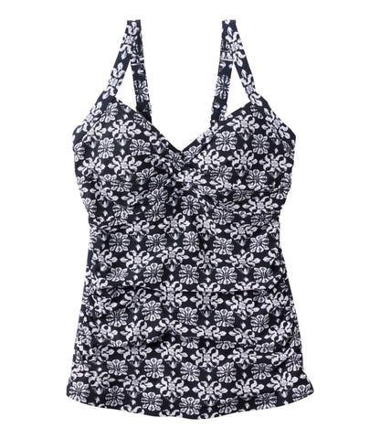 L.L.Bean Women's Shaping Swimwear, Tankini Top Print Black Stamp Geo