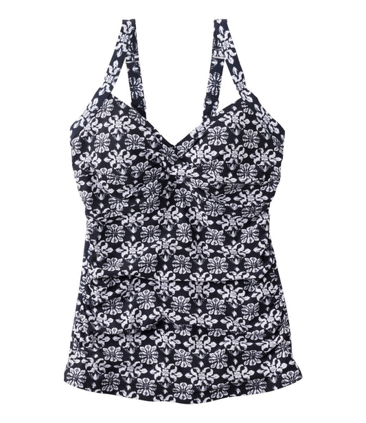 L.L.Bean Women's Shaping Swimwear, Tankini Top Print Black Stamp Geo