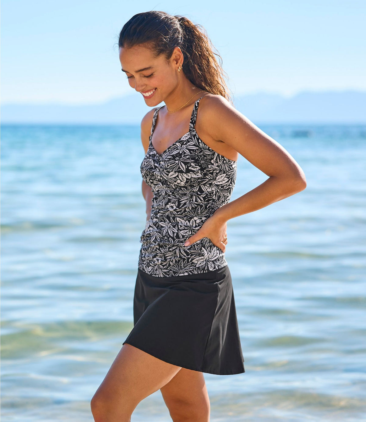 L.L.Bean Women's Shaping Swimwear, Tankini Top Print Black Stamp Geo