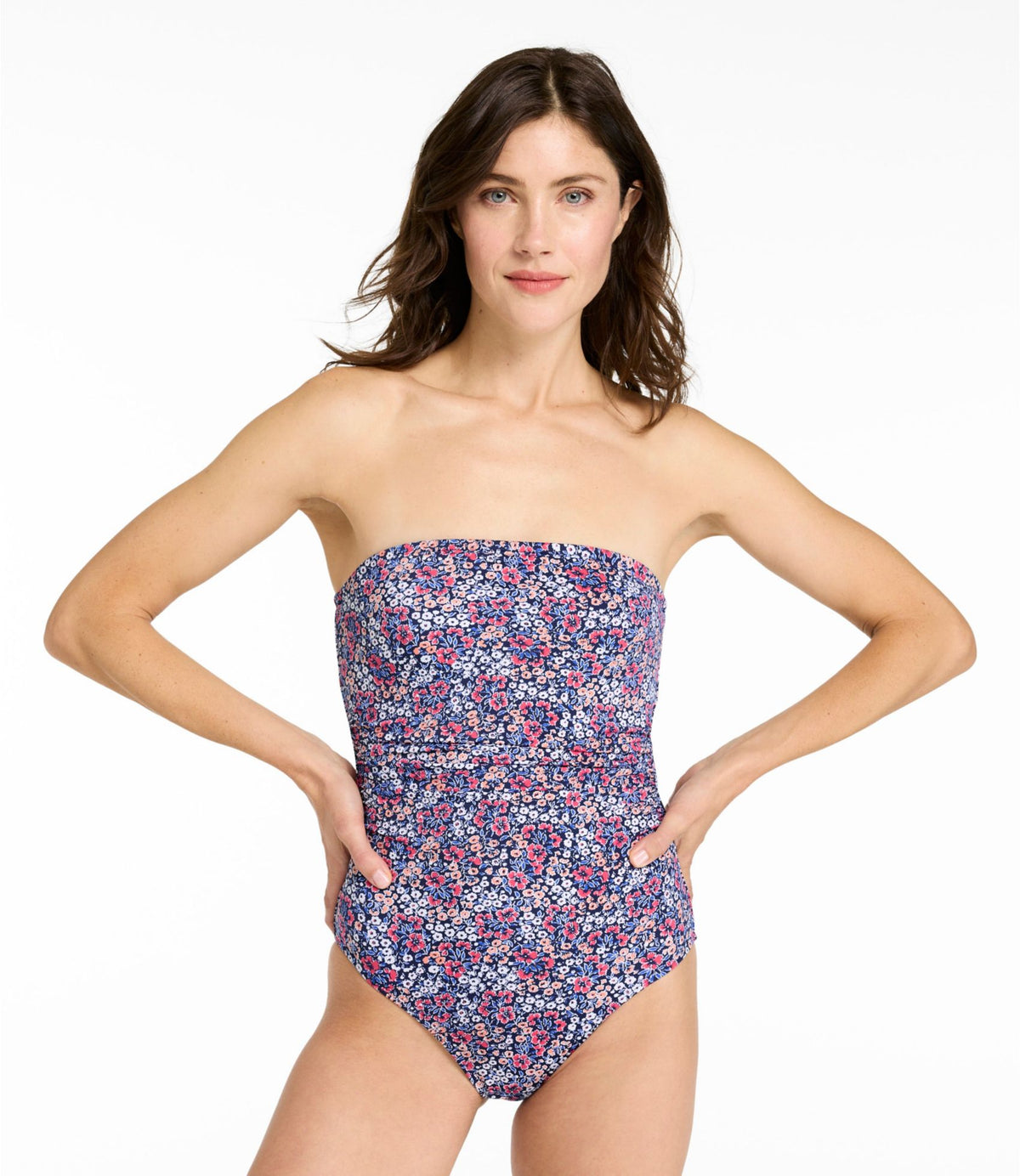 L.L.Bean Women's Coastal Essentials Swimwear, Bandeau Tanksuit Print Darkest Navy Ditsy Floral