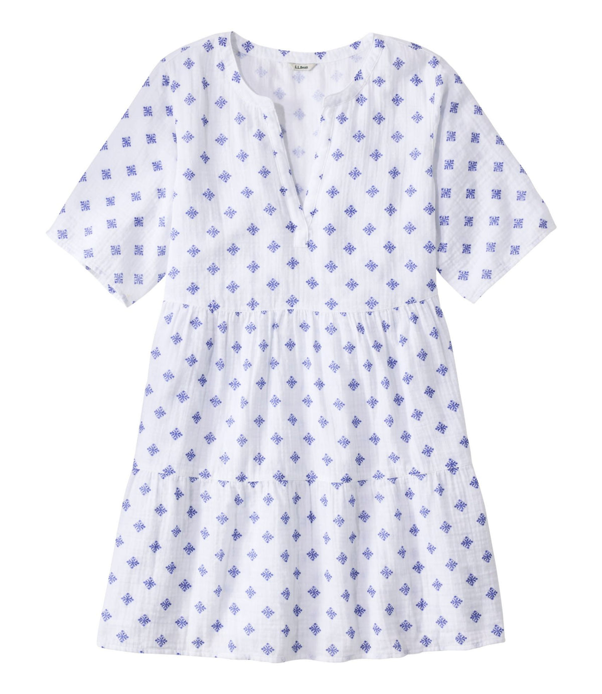 L.L.Bean Women's Cloud Gauze Cover-Up, Tiered Dress Print French Blue Medallion