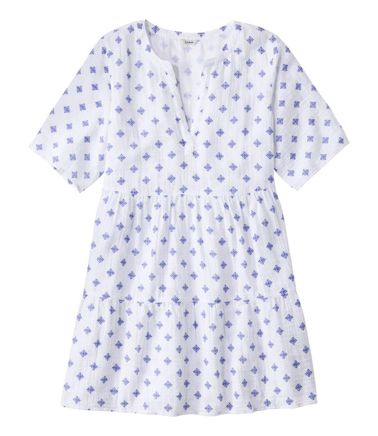 L.L.Bean Women's Cloud Gauze Cover-Up, Tiered Dress Print French Blue Medallion