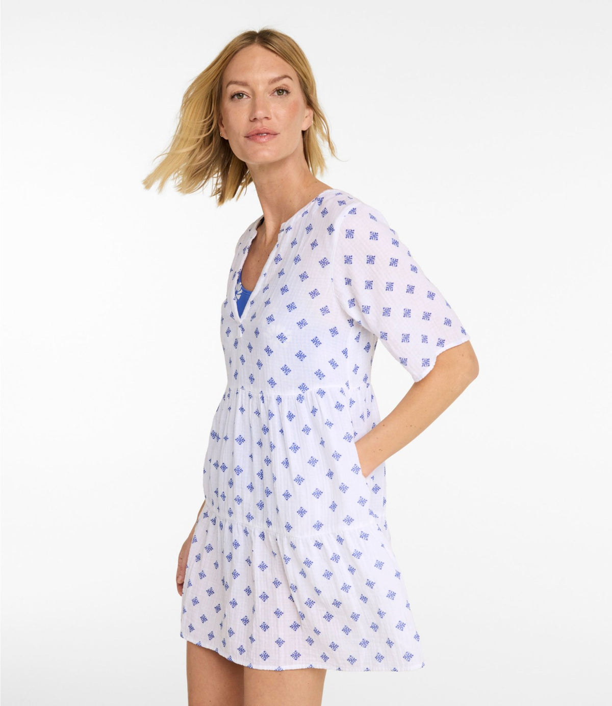 L.L.Bean Women's Cloud Gauze Cover-Up, Tiered Dress Print French Blue Medallion