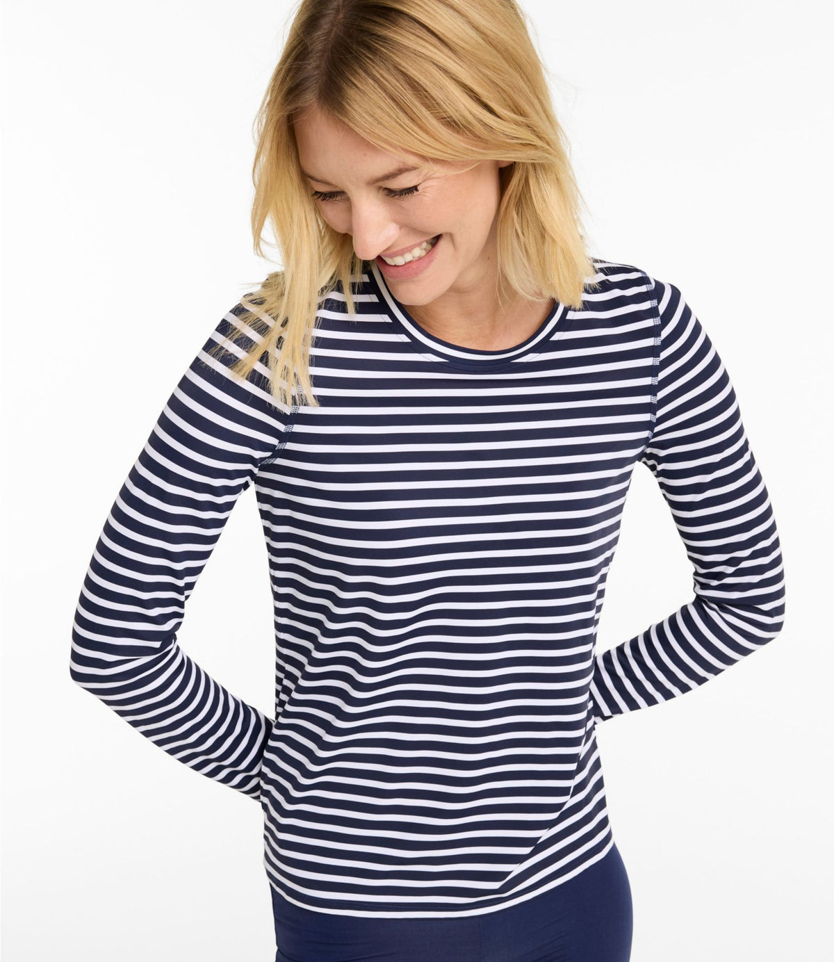 L.L.Bean Women's SunSmart UPF 50+ SunShirt, Long-Sleeve Print Darkest Navy Sailor Stripe