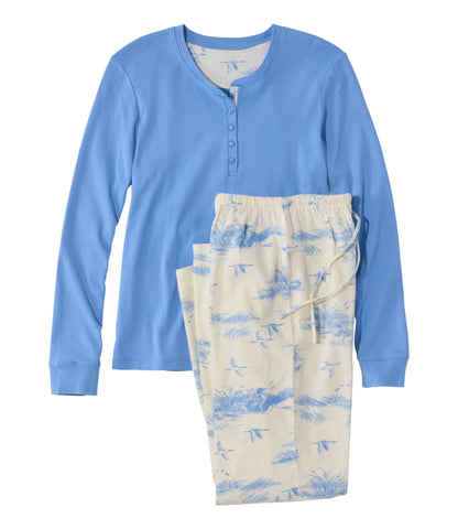L.L.Bean Women's Cozy PJ Set, Print Blue Tide Loon Toille