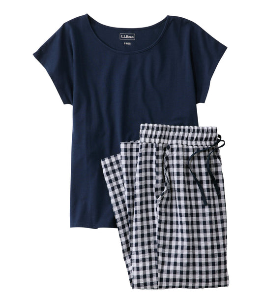 L.L.Bean Women's Bean's Seacoast Seersucker Pajama Pant Set Classic Navy Gingham