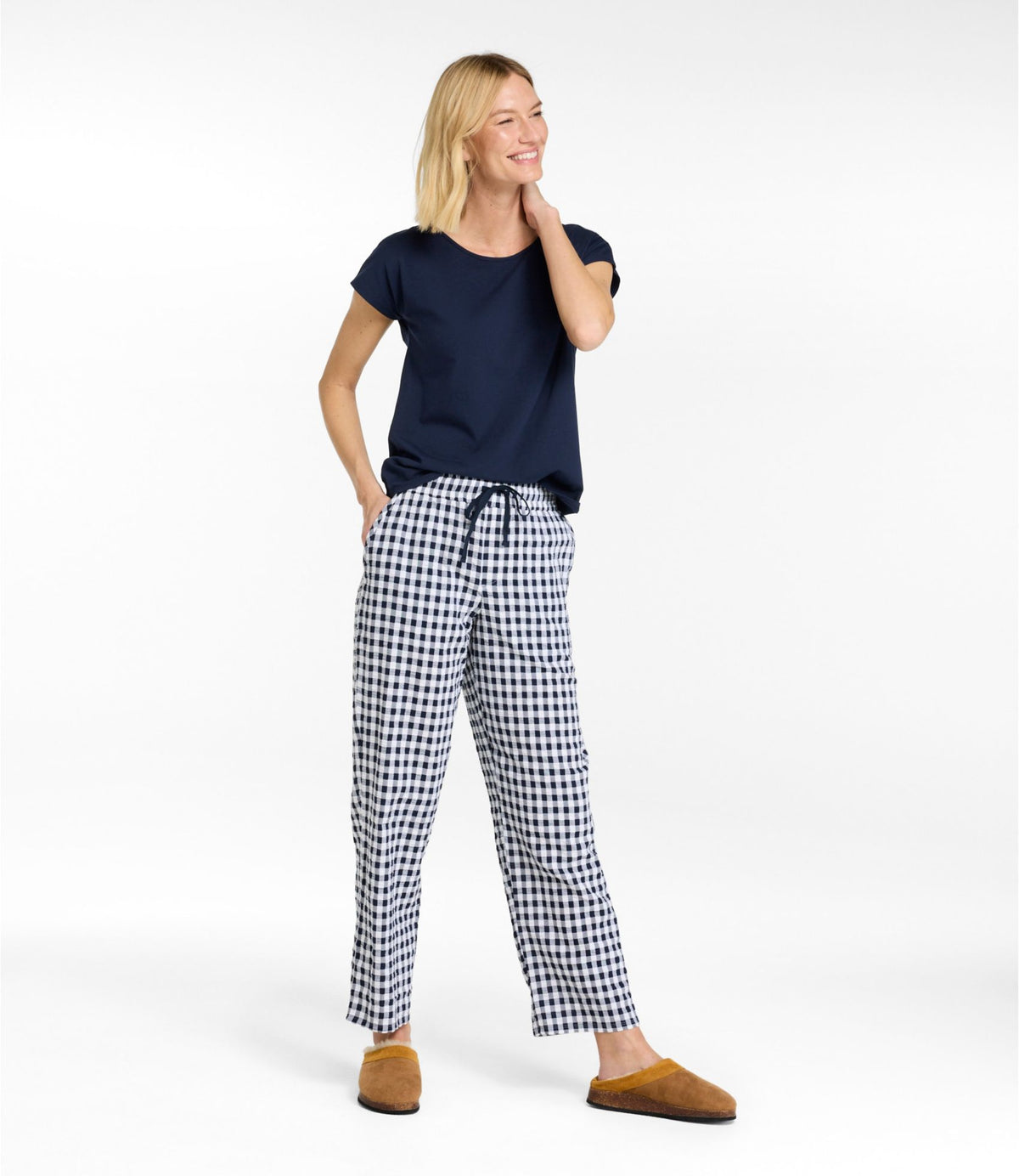 L.L.Bean Women's Bean's Seacoast Seersucker Pajama Pant Set Classic Navy Gingham