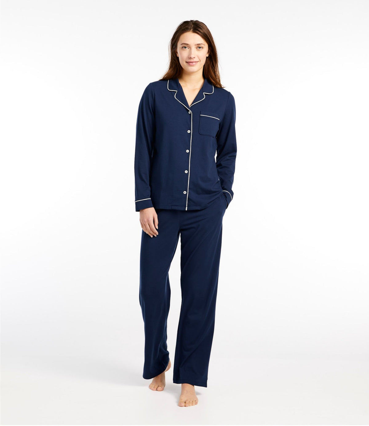 L.L.Bean Women's Super-Soft Shrink-Free Pajama Set, Button-Front Bright Navy