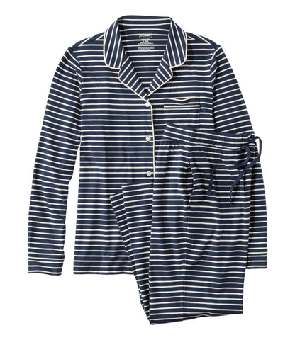 L.L.Bean Women's Super-Soft Shrink-Free Button Front Pajama Set, Stripe Classic Navy/Cream Stripe