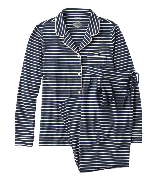 L.L.Bean Women's Super-Soft Shrink-Free Button Front Pajama Set, Stripe Classic Navy/Cream Stripe