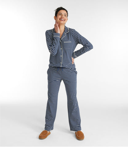 L.L.Bean Women's Super-Soft Shrink-Free Button Front Pajama Set, Stripe Classic Navy/Cream Stripe