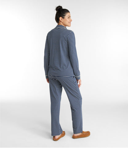 L.L.Bean Women's Super-Soft Shrink-Free Button Front Pajama Set, Stripe Classic Navy/Cream Stripe