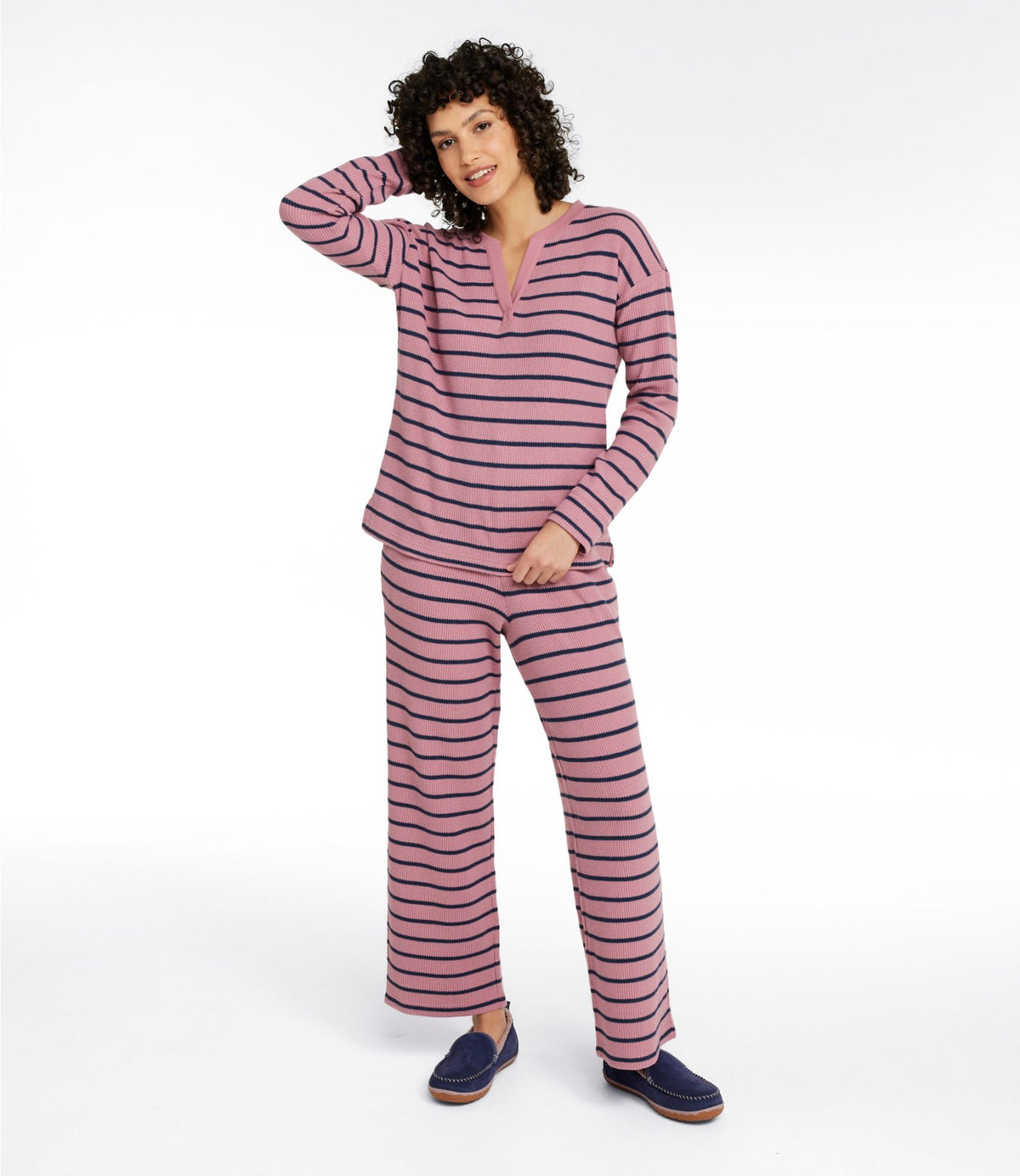 L.L.Bean Women's Soft Waffle Sleep Set Classic Navy Stripe
