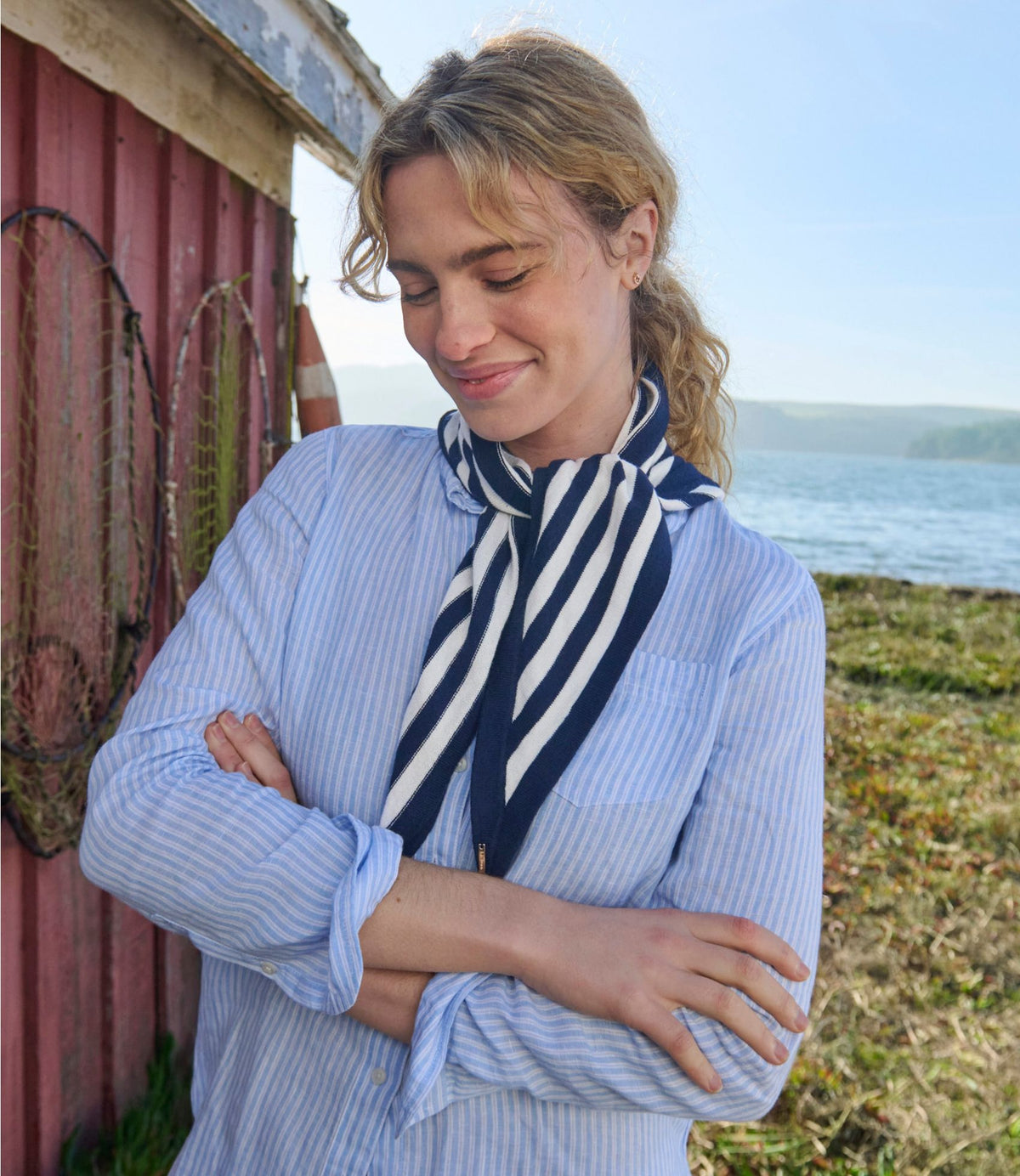 L.L.Bean Women's Cotton/Cashmere Knit Triangle Scarf, Striped Classic Navy/Sea Salt Stripe