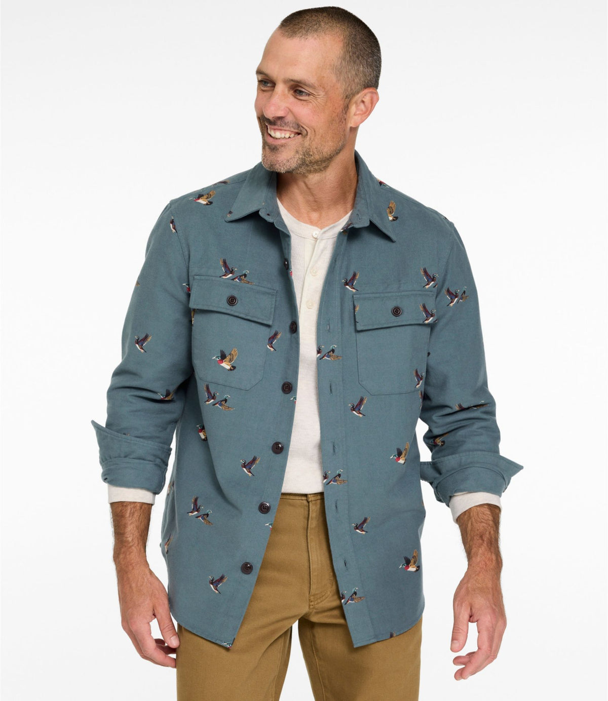 L.L.Bean Men's 1933 Chamois Cloth Shirt, Slim Fit, Print Brassy Olive Scenic