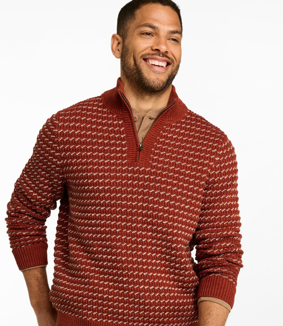 L.L.Bean Men's Organic Cotton Waffle Sweater, Quarter Zip, Bird's-Eye Red Ochre Birdseye