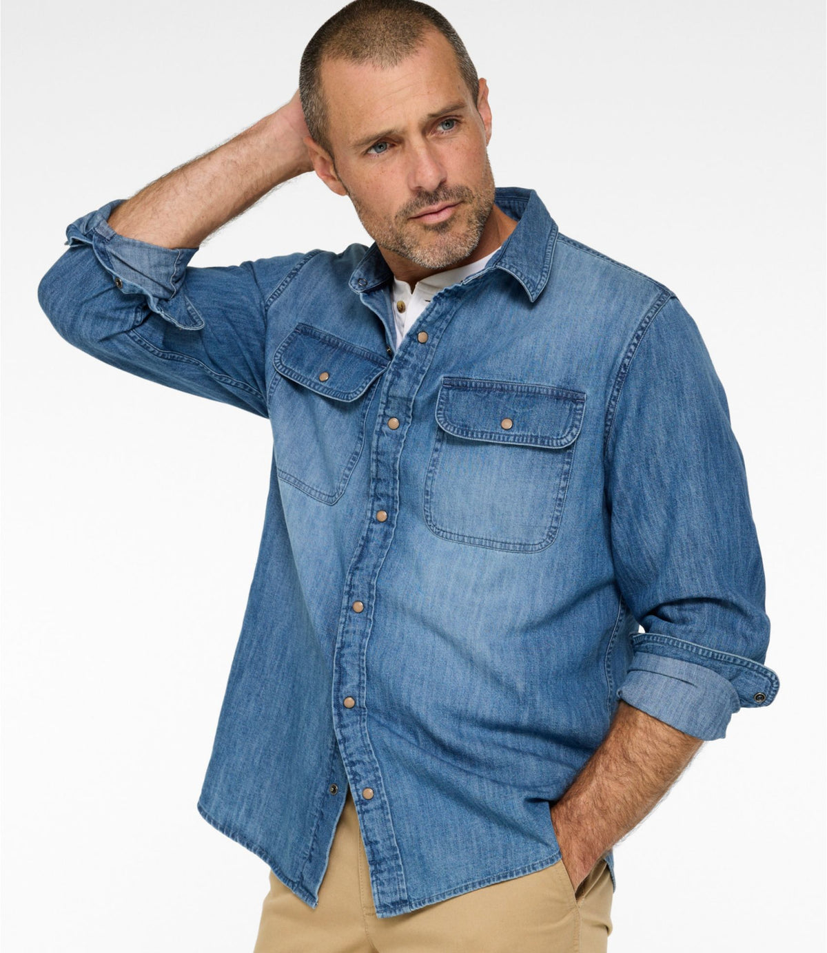 L.L.Bean Men's Sunwashed Denim Shirt, Slightly Fitted Untucked Fit Medium Wash