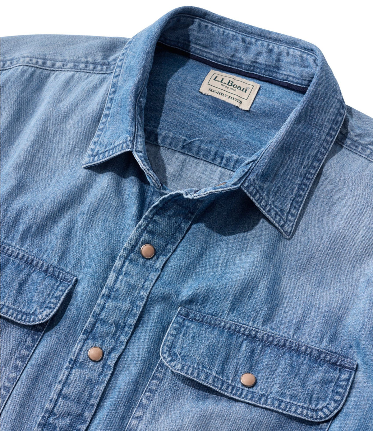 L.L.Bean Men's Sunwashed Denim Shirt, Slightly Fitted Untucked Fit Medium Wash