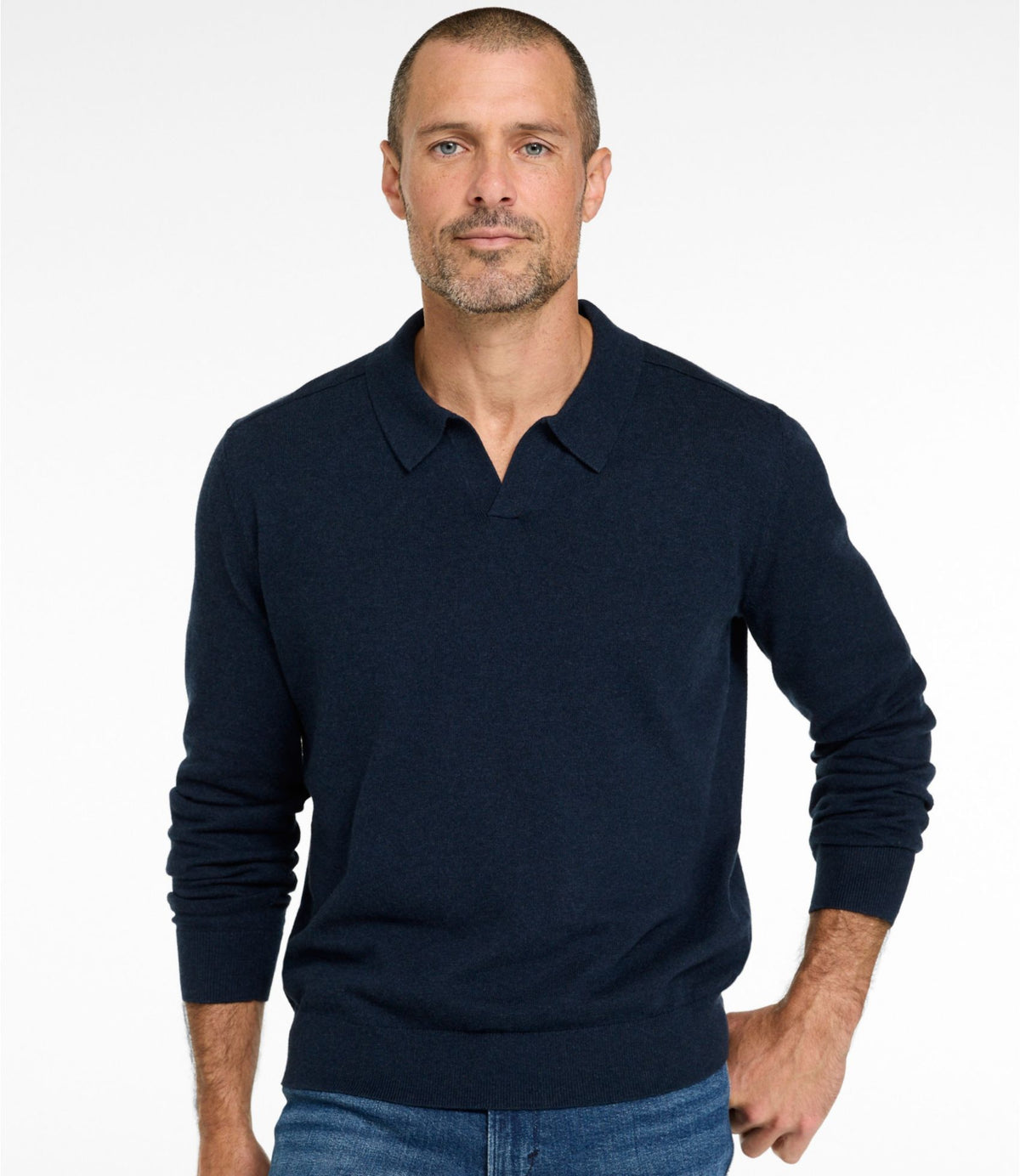 L.L.Bean Men's All Seasons Cotton Blend Sweater, Long-Sleeve Polo Classic Navy Heather